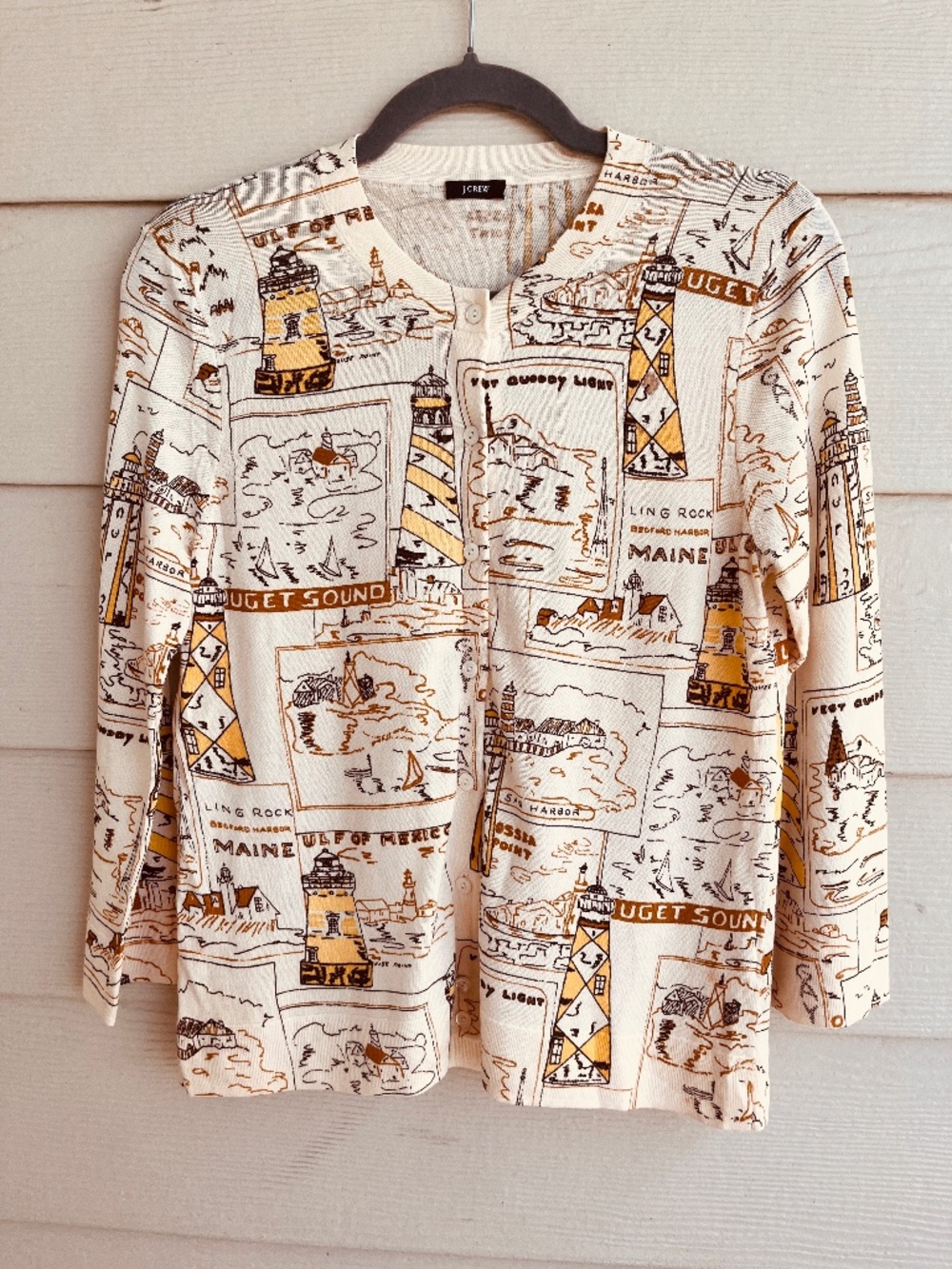 Vintage J Crew Lighthouse Postcard Cardigan Sweater S Coastal Egyptian Cotton